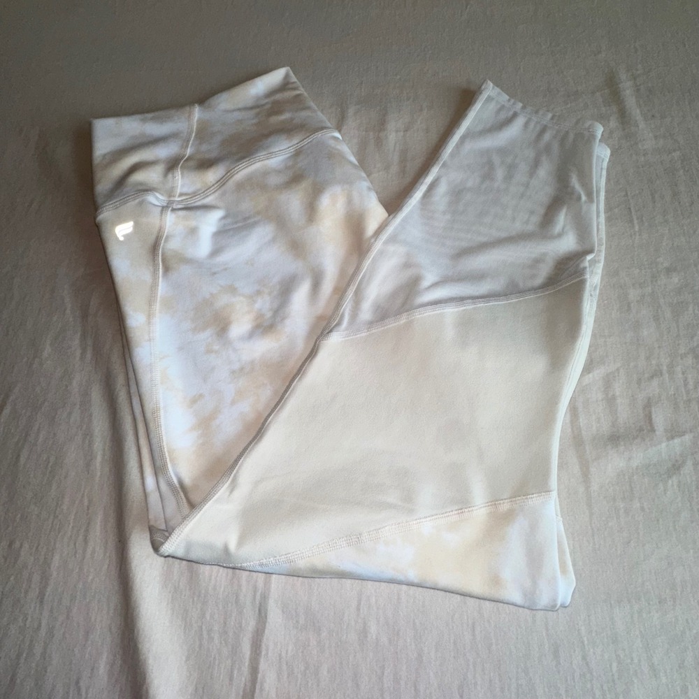 Fabletics PowerHold High Waisted Tie Dye Mesh Panel Leggings White Cream XL Read